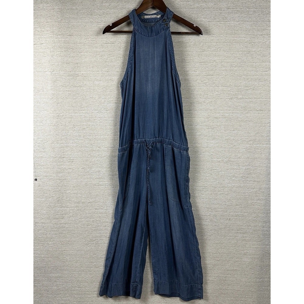 Womens Med Denim Jumpsuit Sleeveless Wide Leg Chambray Romper Lightweight Summer
